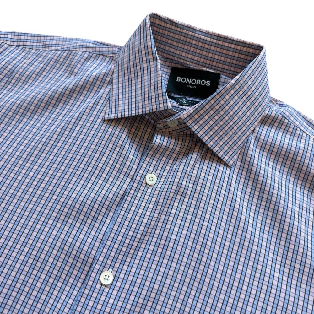 Bonobos Dress Shirt Mens 16.5 34/35 Blue Pink Check Plaid Tailored Fit Business